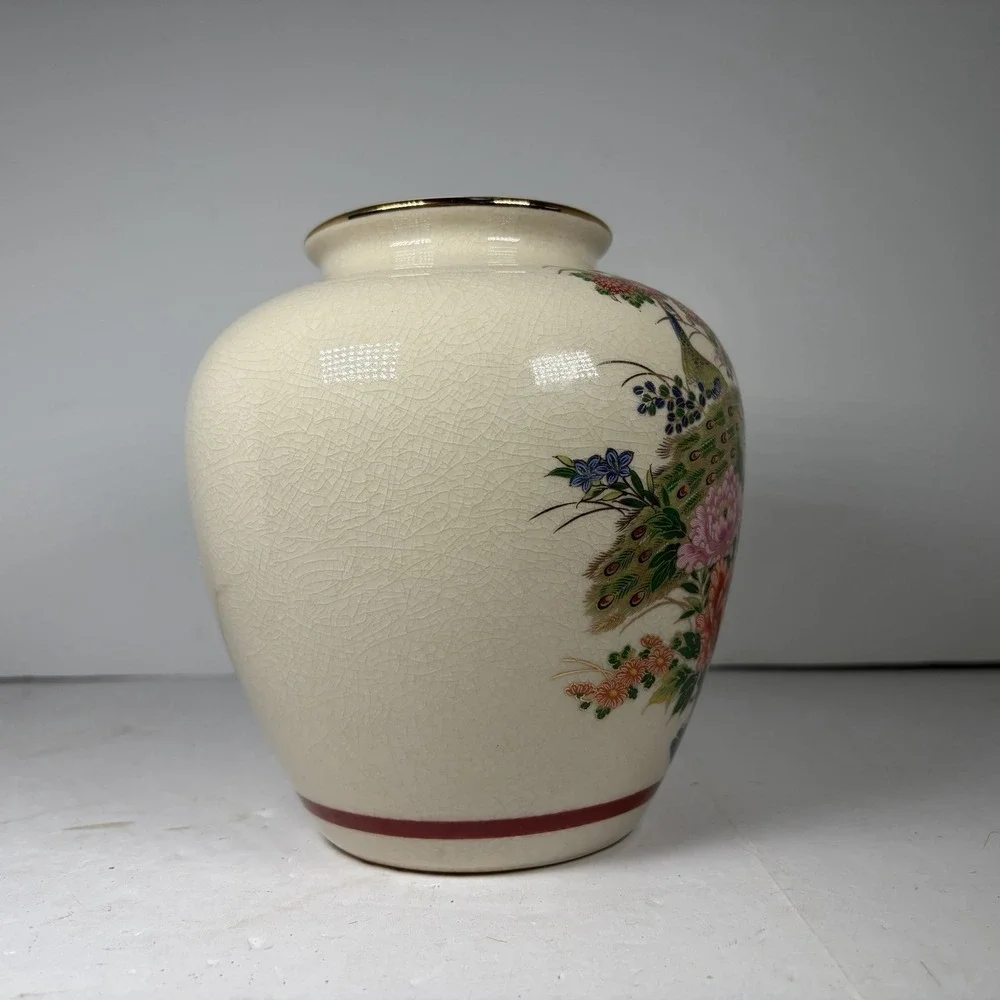 Vintage Japanese Satsuma Style Peacock & Floral‎ Crackle Glaze Vase